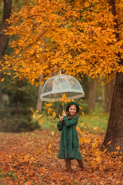 hermosa chica pelirroja con un vestido verde y dar un paseo en el otoño en el parque con un libro