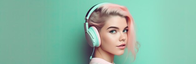 Hermosa chica con el pelo corto de color rosa con auriculares color turquesa sobre un fondo excavado