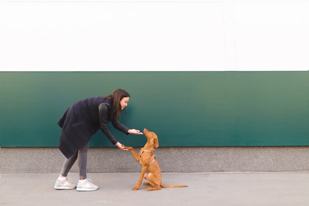 Hermosa chica con un perro joven