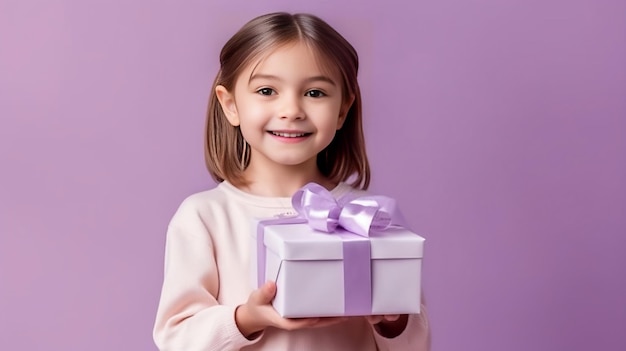 hermosa chica de pie en el estudio caja de regalo sonriente en las manos colores vibrantes