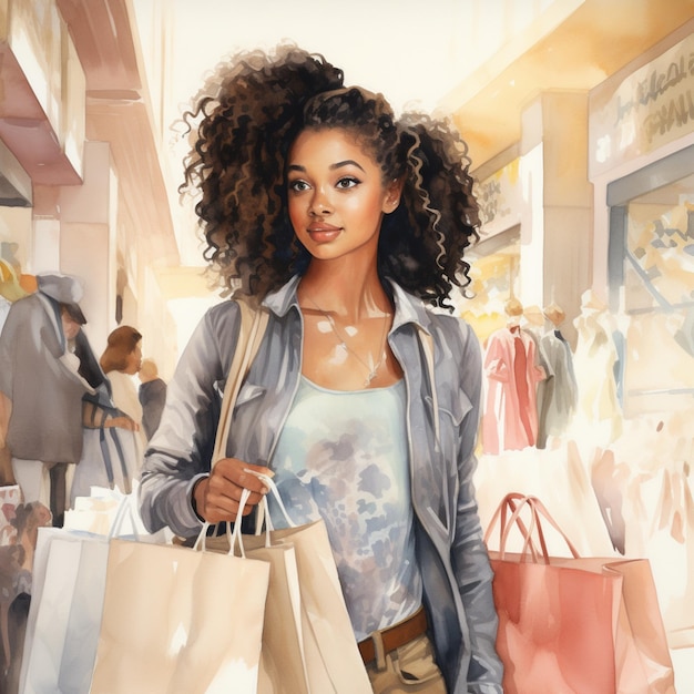 una hermosa chica de piel oscura sostiene bolsas de compras en sus manos ilustración acuarela