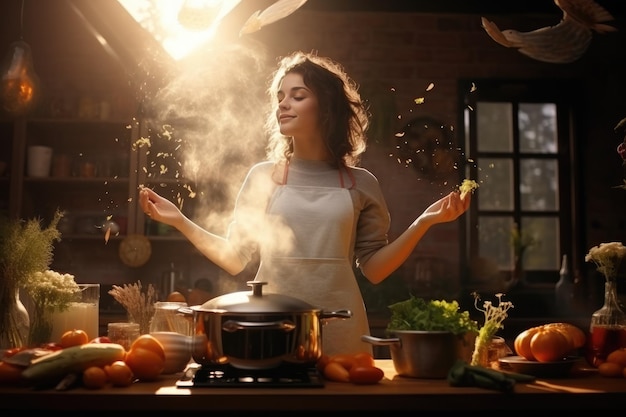 Hermosa chica positiva prepara un delicioso plato saludable