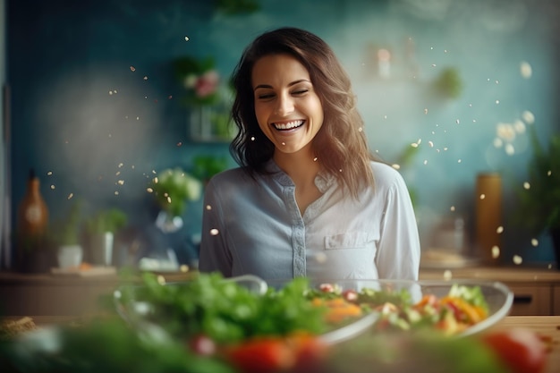 Hermosa chica positiva prepara un delicioso plato saludable