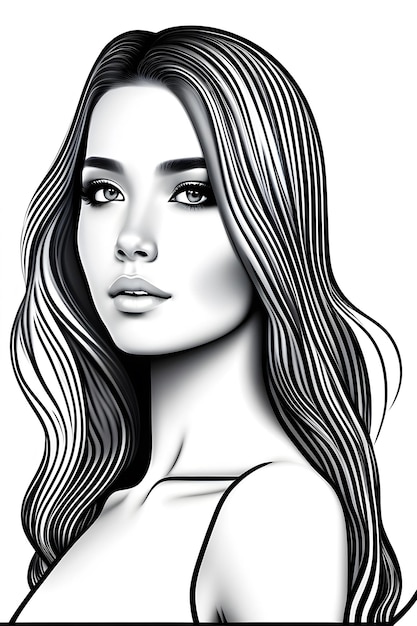 Hermosa chica retrato estilo realista Ilustración Blanco y negro