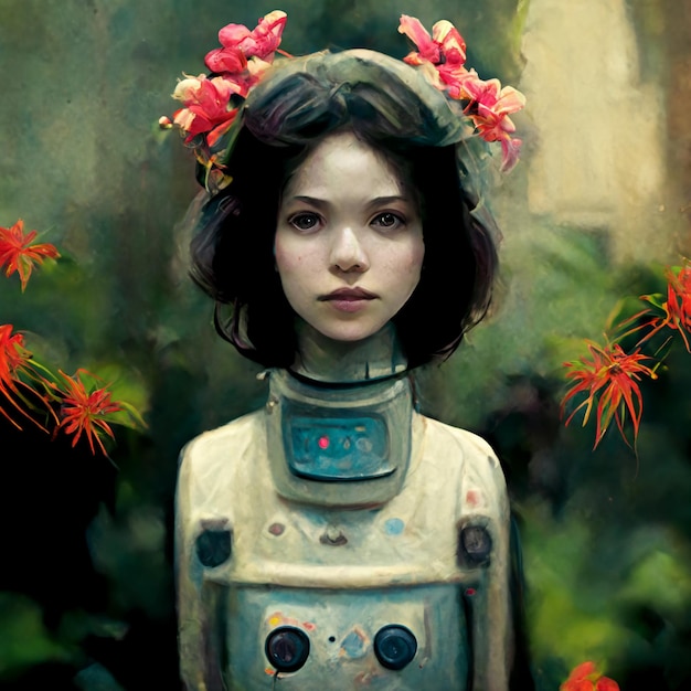 Hermosa chica robótica en un jardín con flores.