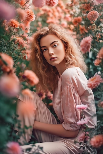 Una hermosa chica romántica con un hermoso vestido se encuentra en la primavera cerca de un arbusto de color rosa y colorido.