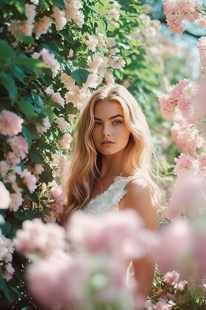 Una hermosa chica romántica con un hermoso vestido se encuentra en la primavera cerca de un arbusto de color rosa y colorido.