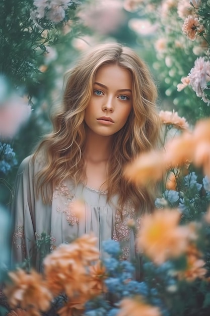 Una hermosa chica romántica con un hermoso vestido se encuentra en la primavera cerca de un arbusto de color rosa y colorido.