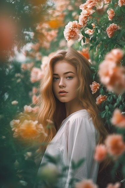 Una hermosa chica romántica con un hermoso vestido se para en la primavera cerca de un arbusto de flores rosas