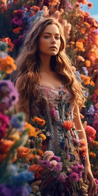 Una hermosa chica romántica con un hermoso vestido se para en la primavera cerca de un arbusto de flores rosas