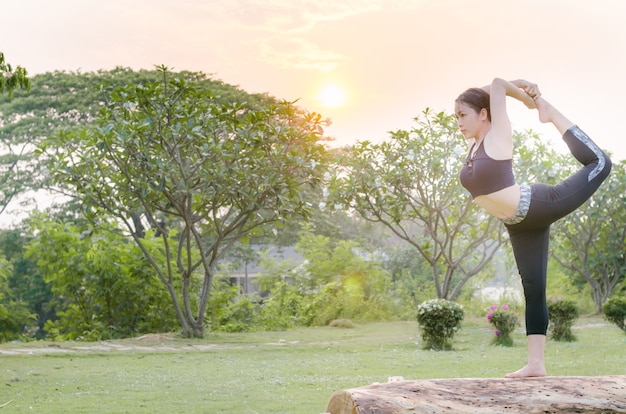 Hermosa chica en ropa de deporte negro ejercicio yoga pose en seco parque de naturaleza en sesión