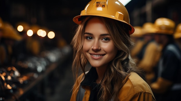 Una hermosa chica con ropa especial y con una sonrisa en la cara trabaja en el almacén de producción