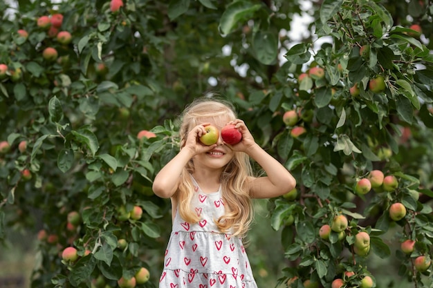 Hermosa chica sentada en un huerto de manzanas con una cesta de manzanas