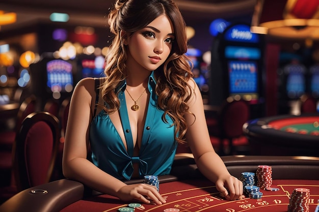 Una hermosa chica sentada en una mesa de casino generada por la IA