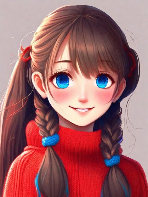 hermosa chica sonriente con cabello largo twintails ojos azules usando suéter