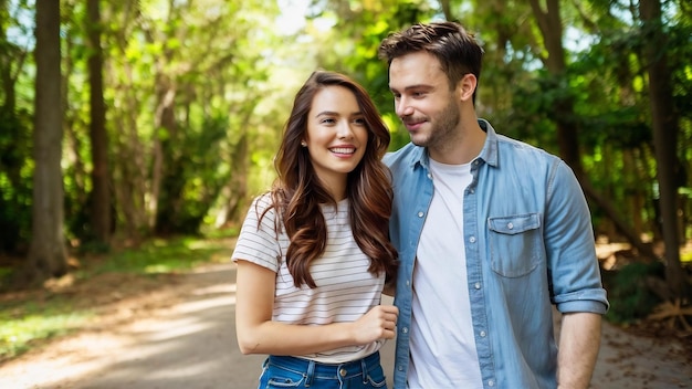 Una hermosa chica sonriente y su guapo novio en ropa casual de verano