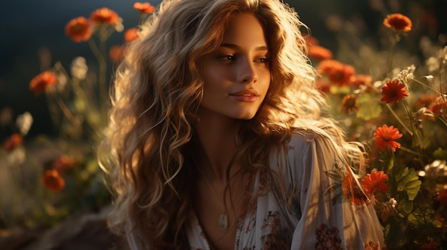 Una hermosa chica con una sonrisa en la cara vestida con ropa ligera de verano se sienta entre flores silvestres una hermosa puesta de sol