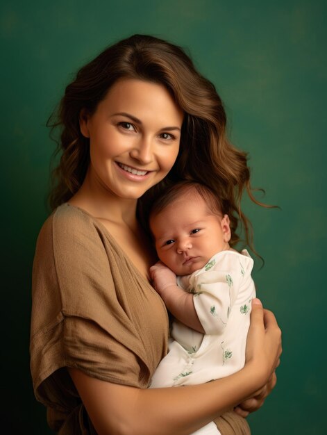 Hermosa chica sostiene a un bebé recién nacido y sonríe feliz