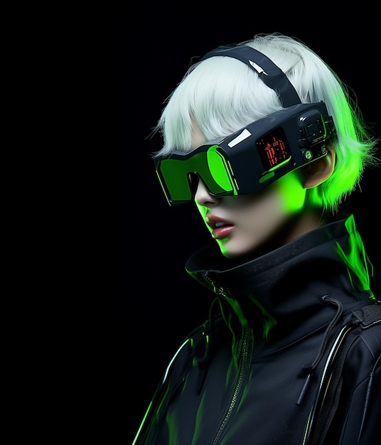Hermosa chica Steampunk con gafas Vr futuristas Modelo 3D realista de Cyborg femenino generado por Ai