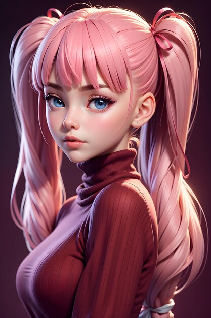 Hermosa chica en suéter con fondo de ilustración de papel tapiz de dibujos animados lindo twintails