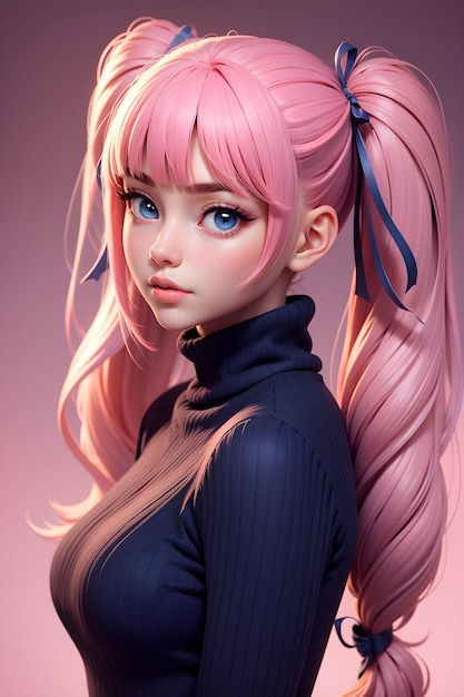 Hermosa chica en suéter con fondo de ilustración de papel tapiz de dibujos animados lindo twintails