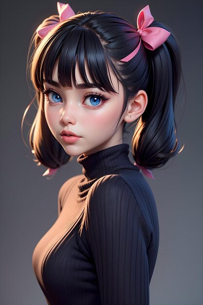 Hermosa chica en suéter con fondo de ilustración de papel tapiz de dibujos animados lindo twintails