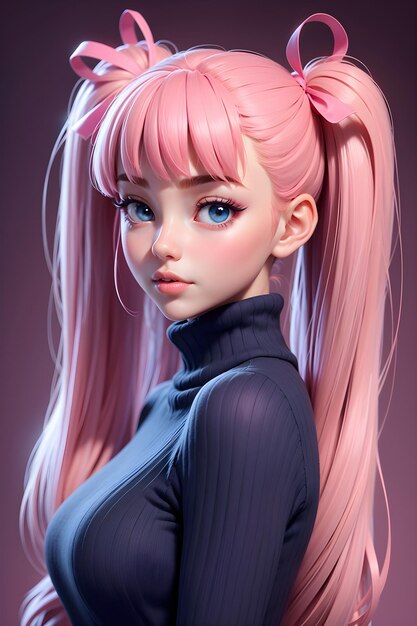 Hermosa chica en suéter con fondo de ilustración de papel tapiz de dibujos animados lindo twintails