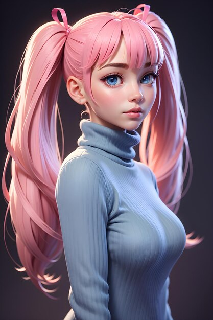 Hermosa chica en suéter con fondo de ilustración de papel tapiz de dibujos animados lindo twintails