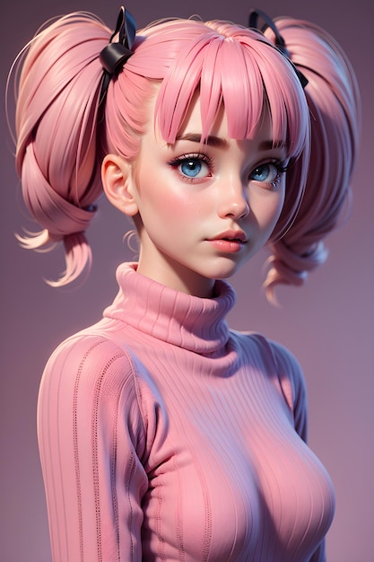 Hermosa chica en suéter con fondo de ilustración de papel tapiz de dibujos animados lindo twintails