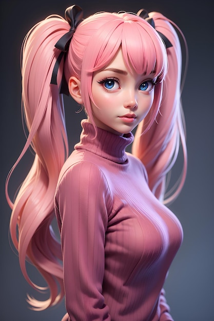 Hermosa chica en suéter con fondo de ilustración de papel tapiz de dibujos animados lindo twintails