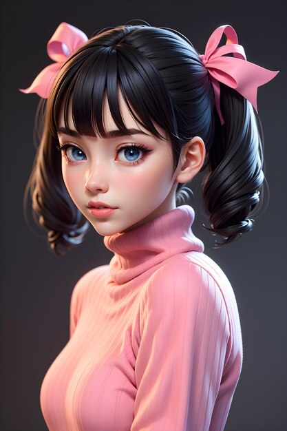 Hermosa chica en suéter con fondo de ilustración de papel tapiz de dibujos animados lindo twintails