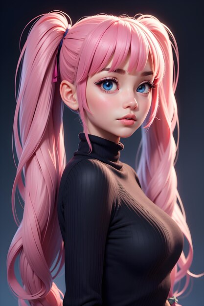 Hermosa chica en suéter con fondo de ilustración de papel tapiz de dibujos animados lindo twintails