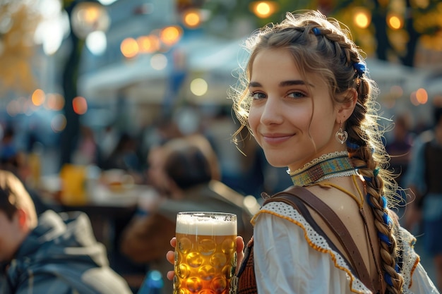 hermosa chica con taza de cerveza en el Oktoberfest ai generado