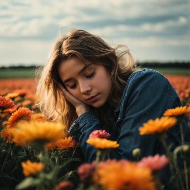 Foto una hermosa chica tendida en un campo de flores