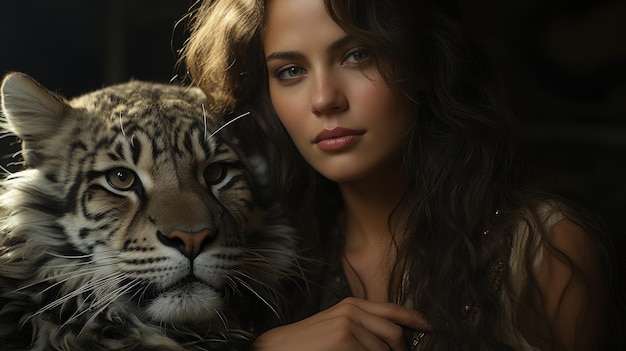 Una hermosa chica con un tigre posando hacia la cámara