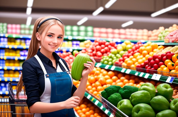Hermosa chica trabajadora de supermercado en el fondo de verduras y frutas AI generativa