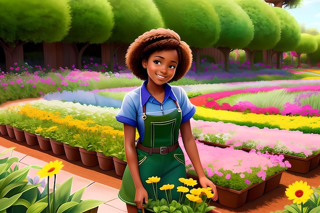 Hermosa chica trabajando como jardinero Chica afroamericana plantando flores AI