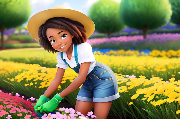 Hermosa chica trabajando como jardinero Chica afroamericana plantando flores AI