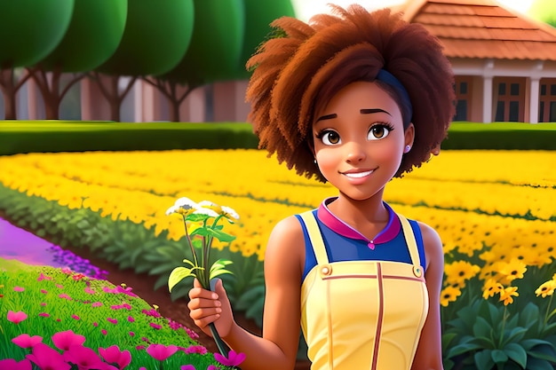 Hermosa chica trabajando como jardinero Chica afroamericana plantando flores AI