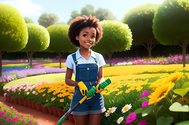 Hermosa chica trabajando como jardinero Chica afroamericana plantando flores AI
