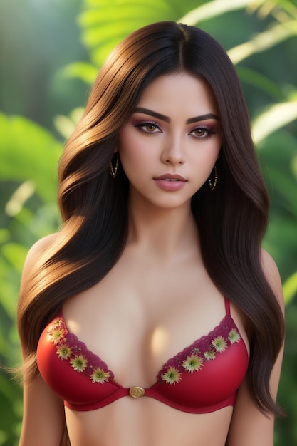 Hermosa chica en traje de baño rojo posando para publicidad en la jungla