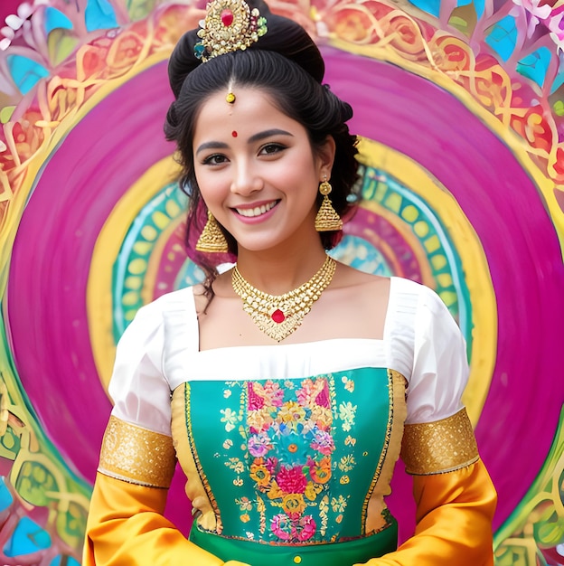 Hermosa chica con traje tradicional en el festival anual de flores de Calcuta