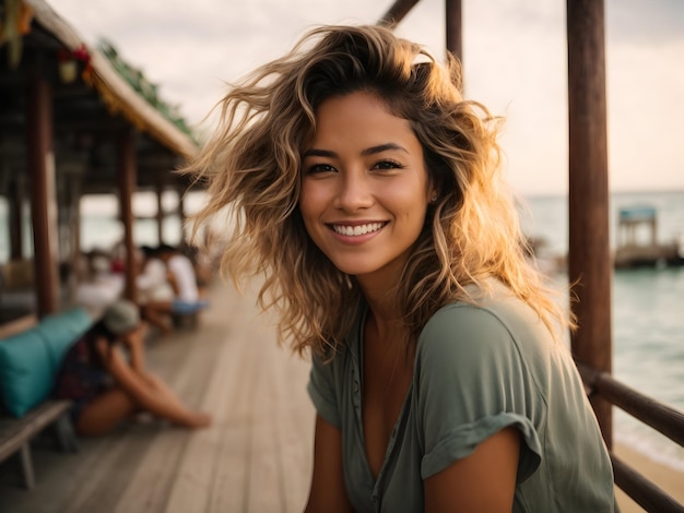 Foto hermosa chica turista en el fondo de las vacaciones en la playa sola