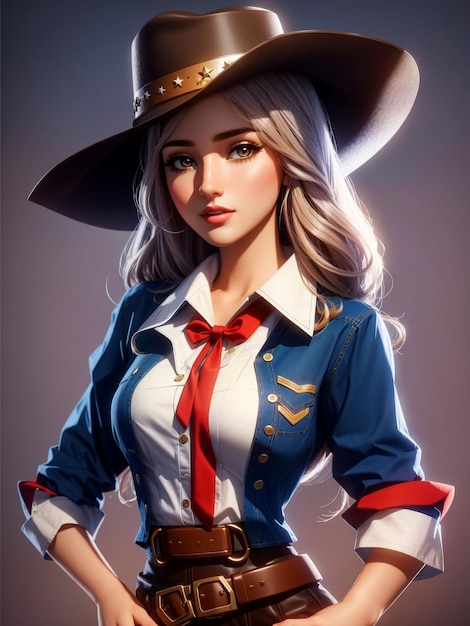 Hermosa chica en vaquero occidental se viste estilo hermosa mujer linda de dibujos animados con sombrero y camisa