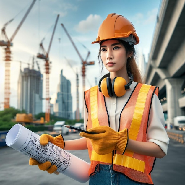 hermosa chica vestida con casco y traje de seguridad en la construcción