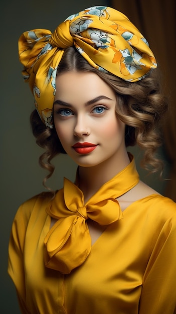 hermosa chica en vestido amarillo con banda floral en la cabeza en el estilo de la moda vintage