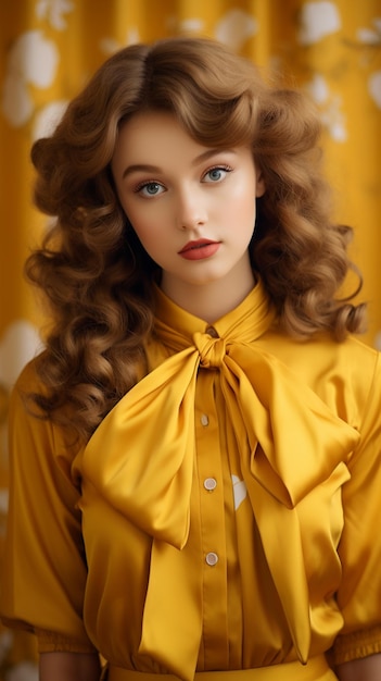 hermosa chica en vestido amarillo en el estilo de la moda vintage