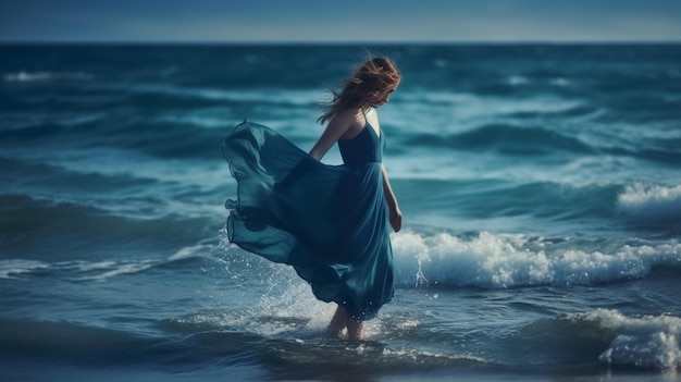 Hermosa chica con un vestido azul bailando en la playa generativa ai