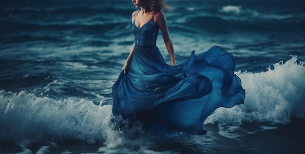 Foto hermosa chica con un vestido azul bailando en la playa generativa ai