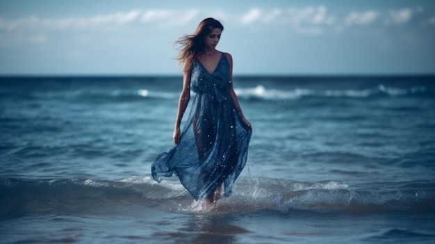 Hermosa chica con un vestido azul bailando en la playa generativa ai